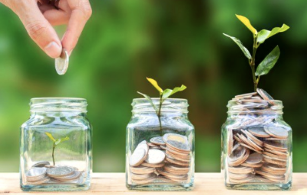 Three jars of money, symbolizing growing like plants