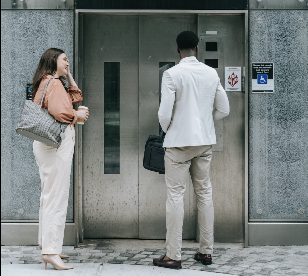 Cheerful greeting while entering elevator